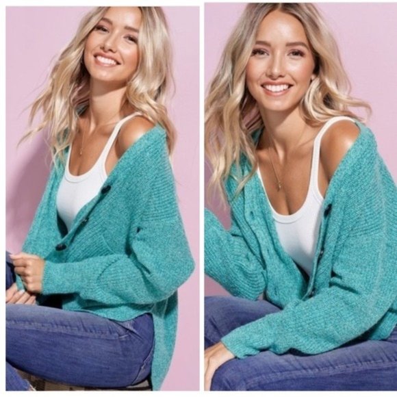 Teal Oversized Cardigan Knit Cropped Boho Sweater - Picture 2 of 3